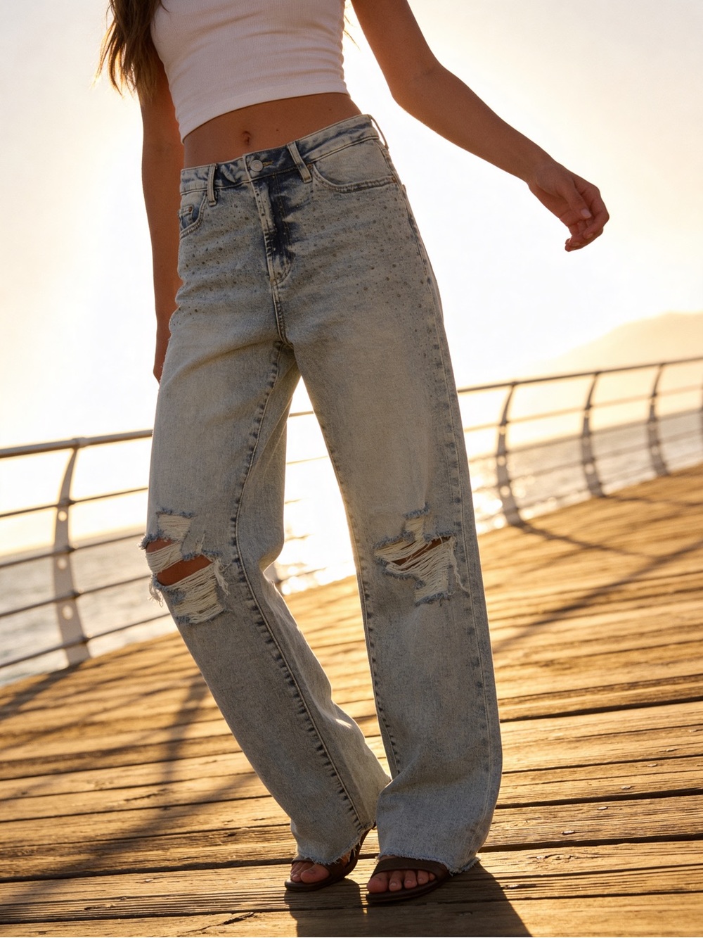 Mica High-Rise Light Wash Distressed Wide-Leg Jeans - Women with rhinestones 29